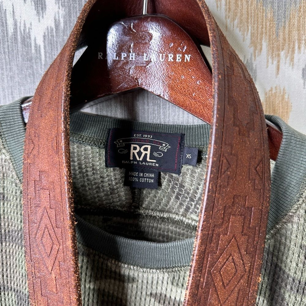 Ralph Lauren RRL Cotton Olive Camo Long Sleeve Thermal Waffle-Knit Tee Shirt - Picture 15 of 16